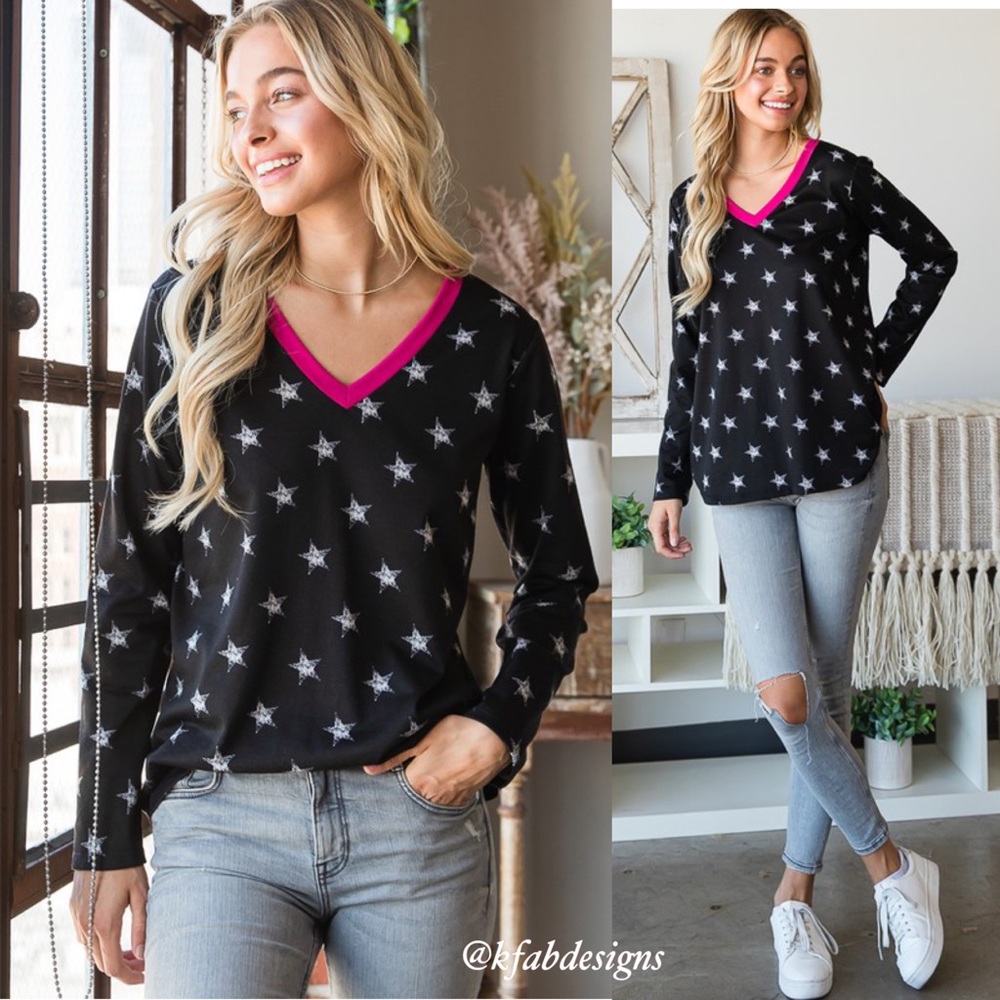 ❤️LAST 1! So Soft! V Neck Hot Pink Contrast Soft Faded Star Top! - Picture 3 of 12